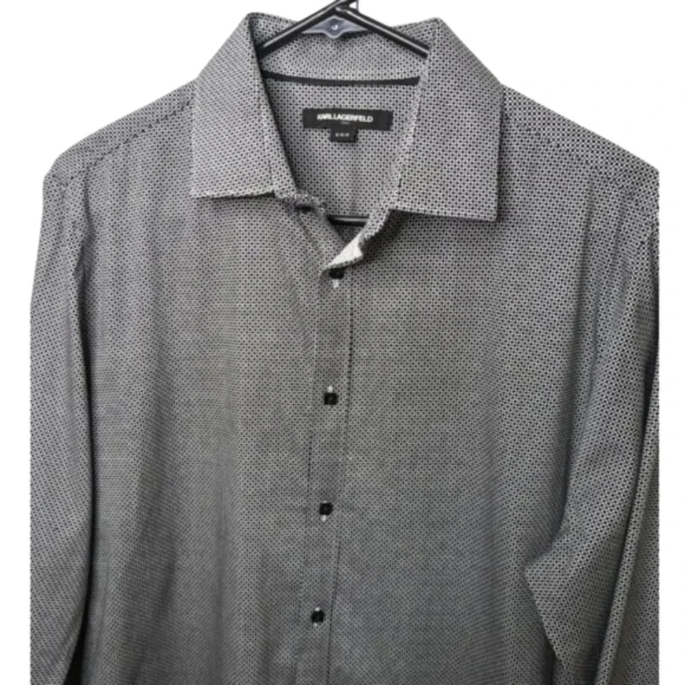 Karl Lagerfeld Paris Mens Black Checker Dot Casual Long Sleeve Button Up Shirt M